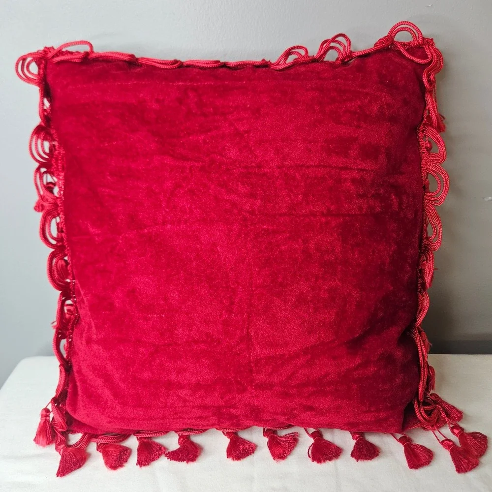Red Velvet Throw Pillow with Tassel Fringe Trim Square 13x13 Decorative Accent